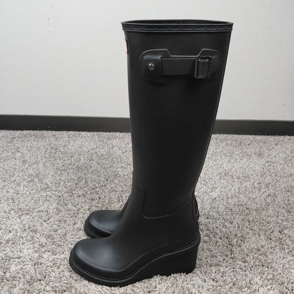 Hunter Original Refined Mid Wedge Tall Boots Womens 8 Black Rain Ourdoor